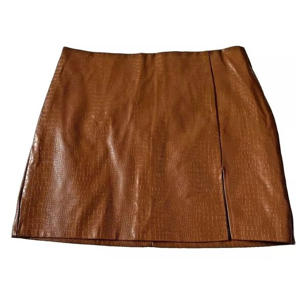 Faux Leather Brown Croc Embossed Mini Skirt With Front Slit - Picture 1 of 11